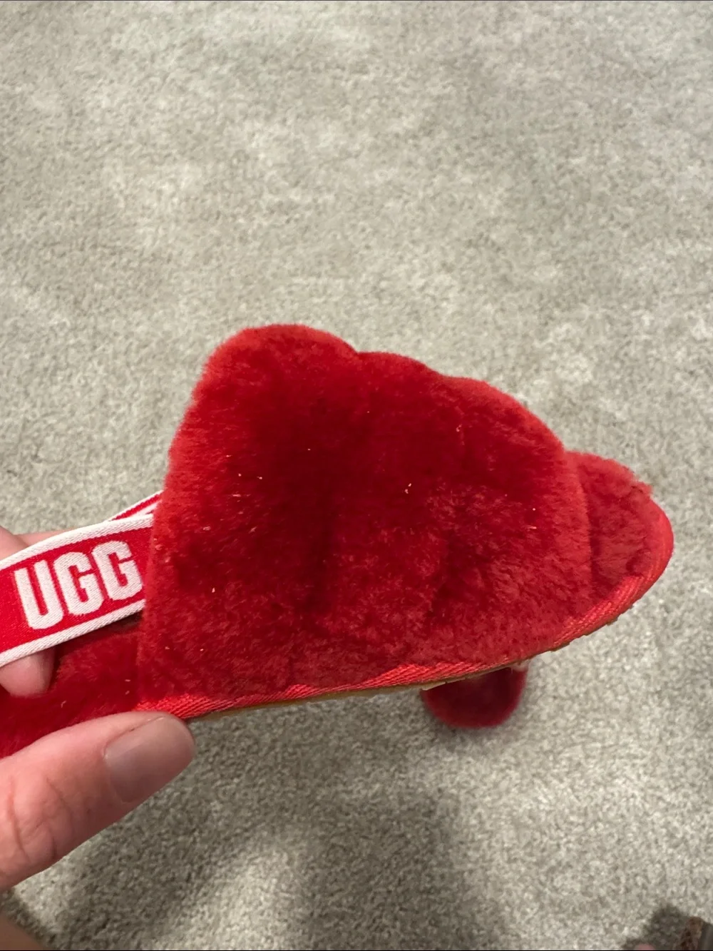 UGG Red Fuzzy Slide Sandals with Branded Heel Strap